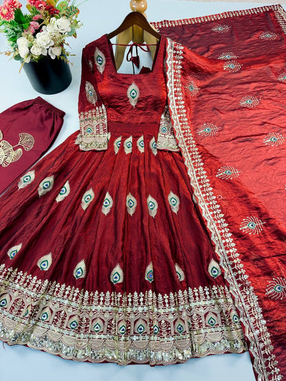 White Anarkali Gown with Peacock Feather Embroidery & Golden Lace Dupatta