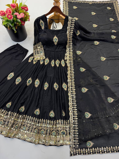 White Anarkali Gown with Peacock Feather Embroidery & Golden Lace Dupatta