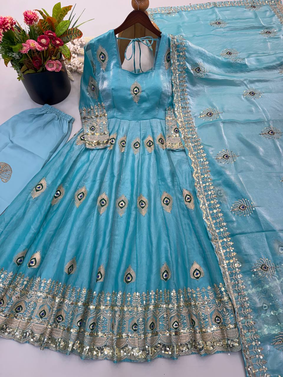 White Anarkali Gown with Peacock Feather Embroidery & Golden Lace Dupatta