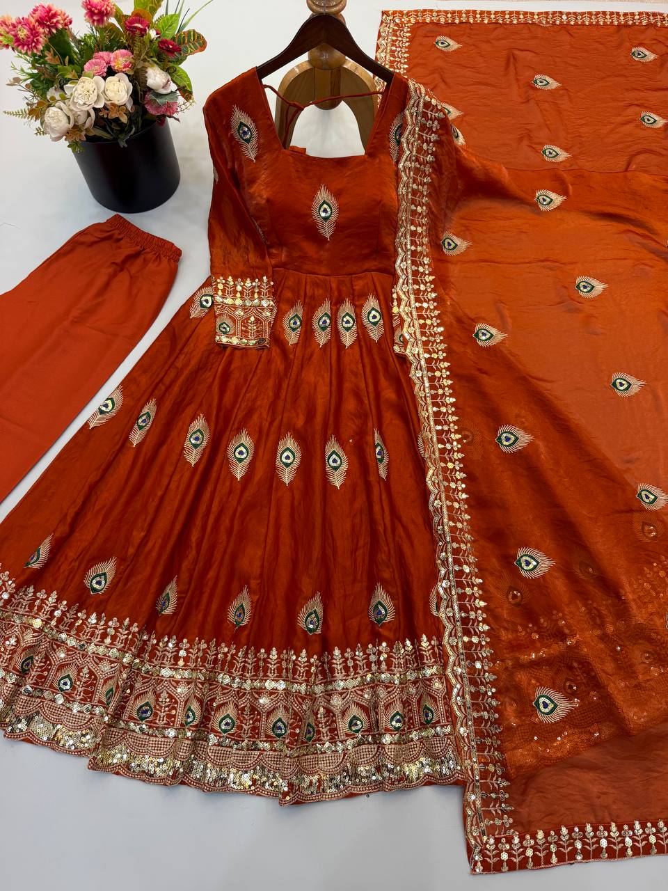 White Anarkali Gown with Peacock Feather Embroidery & Golden Lace Dupatta