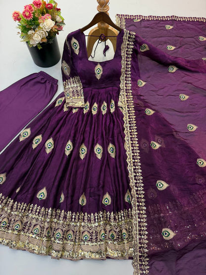White Anarkali Gown with Peacock Feather Embroidery & Golden Lace Dupatta