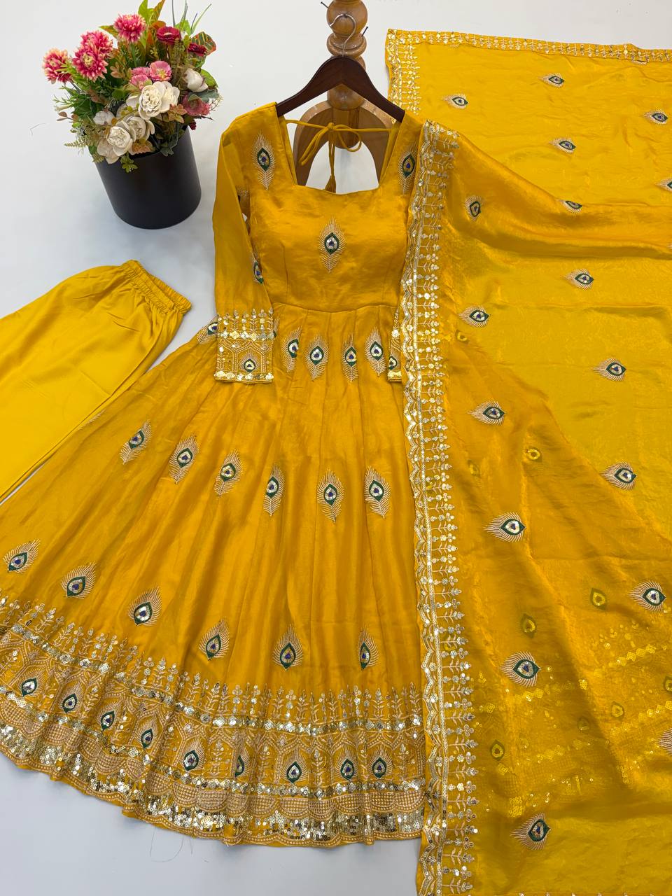 White Anarkali Gown with Peacock Feather Embroidery & Golden Lace Dupatta