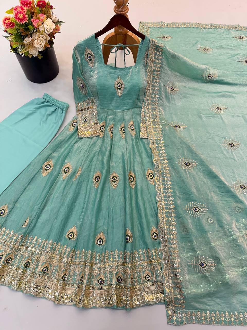 White Anarkali Gown with Peacock Feather Embroidery & Golden Lace Dupatta