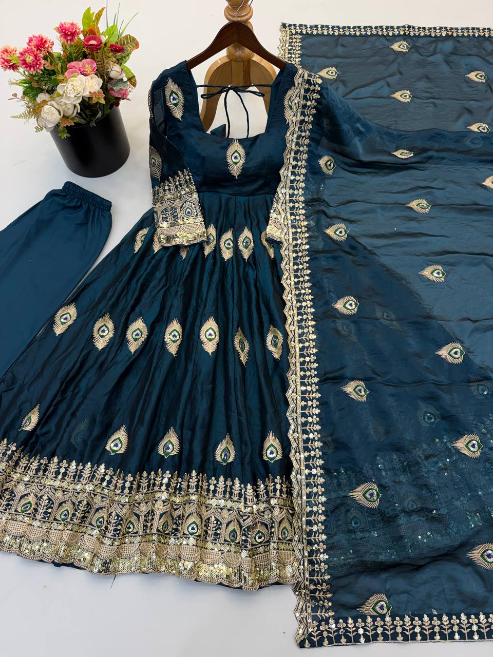 White Anarkali Gown with Peacock Feather Embroidery & Golden Lace Dupatta