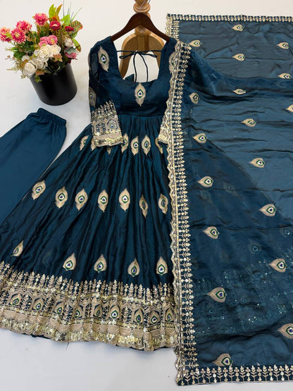 White Anarkali Gown with Peacock Feather Embroidery & Golden Lace Dupatta
