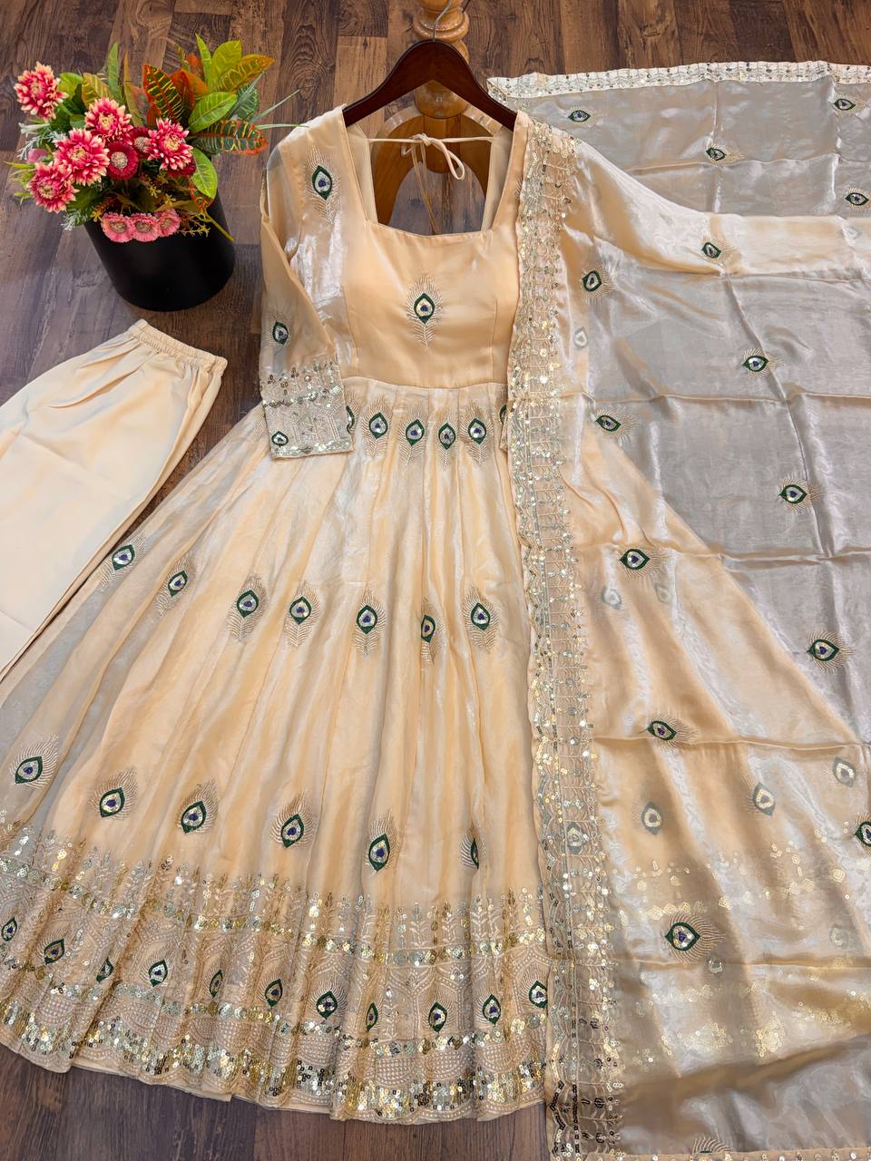 White Anarkali Gown with Peacock Feather Embroidery & Golden Lace Dupatta
