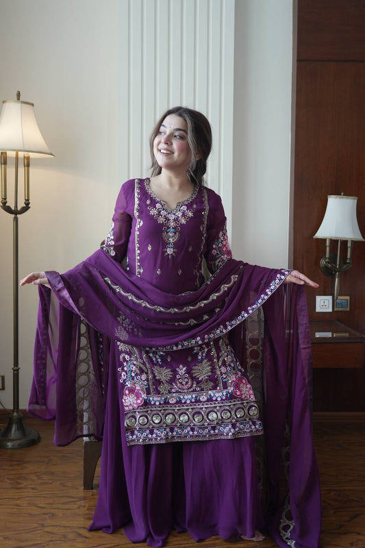Purple Georgette Embroidered Kurti Palazzo Set with Dupatta