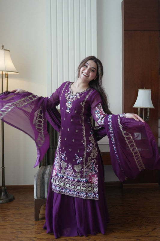 Purple Georgette Embroidered Kurti Palazzo Set with Dupatta