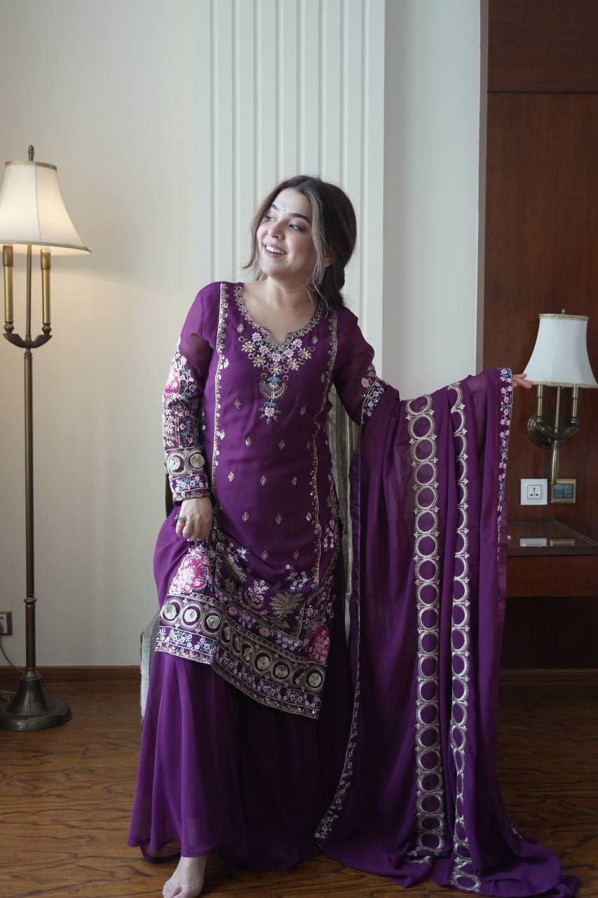 Black Georgette Embroidered Kurti Palazzo Set with Dupatta