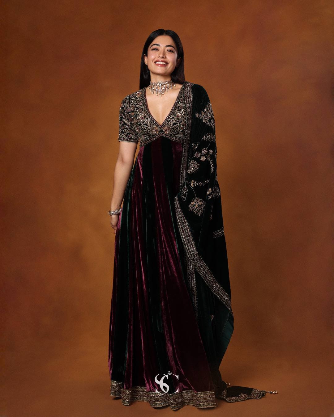 Rashmika Mandana Inspired Teal Blue & Burgundy Velvet Anarkali Gown with Heavy Embroidered Dupatta