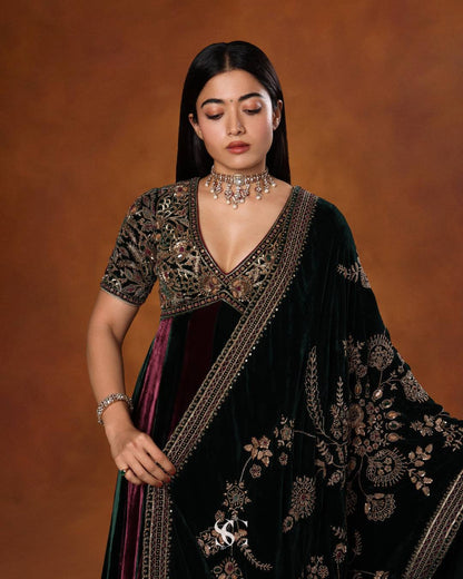 Rashmika Mandana Inspired Teal Blue & Burgundy Velvet Anarkali Gown with Heavy Embroidered Dupatta