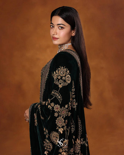 Rashmika Mandana Inspired Teal Blue & Burgundy Velvet Anarkali Gown with Heavy Embroidered Dupatta