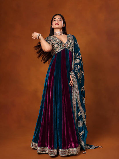Rashmika Mandana Inspired Teal Blue & Burgundy Velvet Anarkali Gown with Heavy Embroidered Dupatta