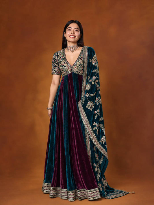 Rashmika Mandana Inspired Teal Blue & Burgundy Velvet Anarkali Gown with Heavy Embroidered Dupatta