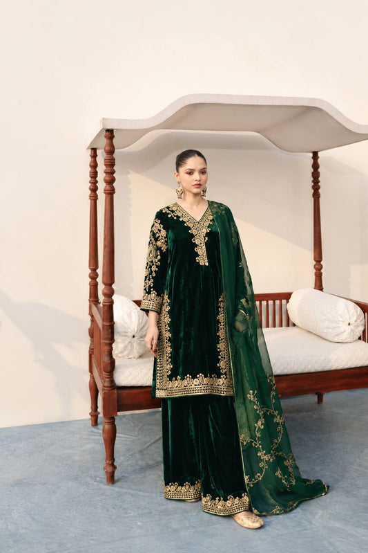 Dark Green Velvet Embroidered Kurta Palazzo Set with Dupatta