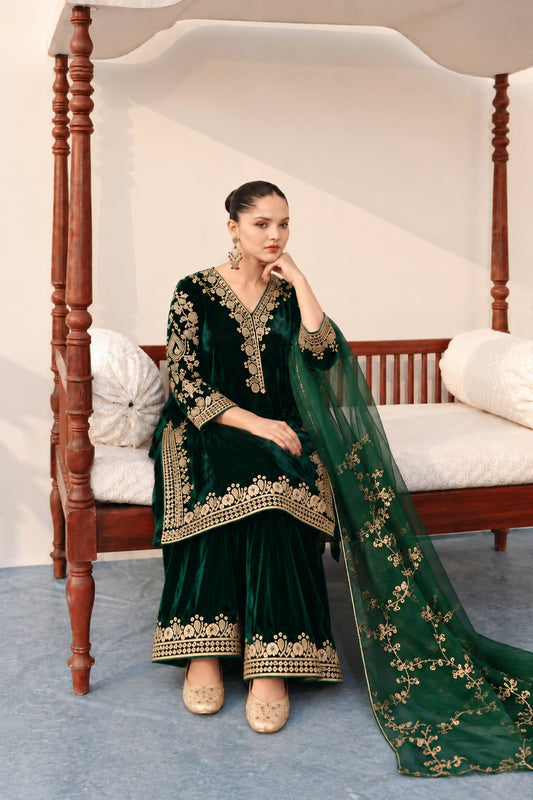Dark Green Velvet Embroidered Kurta Palazzo Set with Dupatta