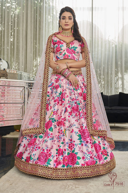 Pastel Pink Floral Printed Lehenga Choli with Net Dupatta