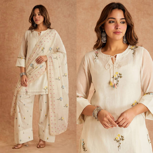 Cream Cotton Silk Kurta Set with Farshi Salwar & Organza Dupatta