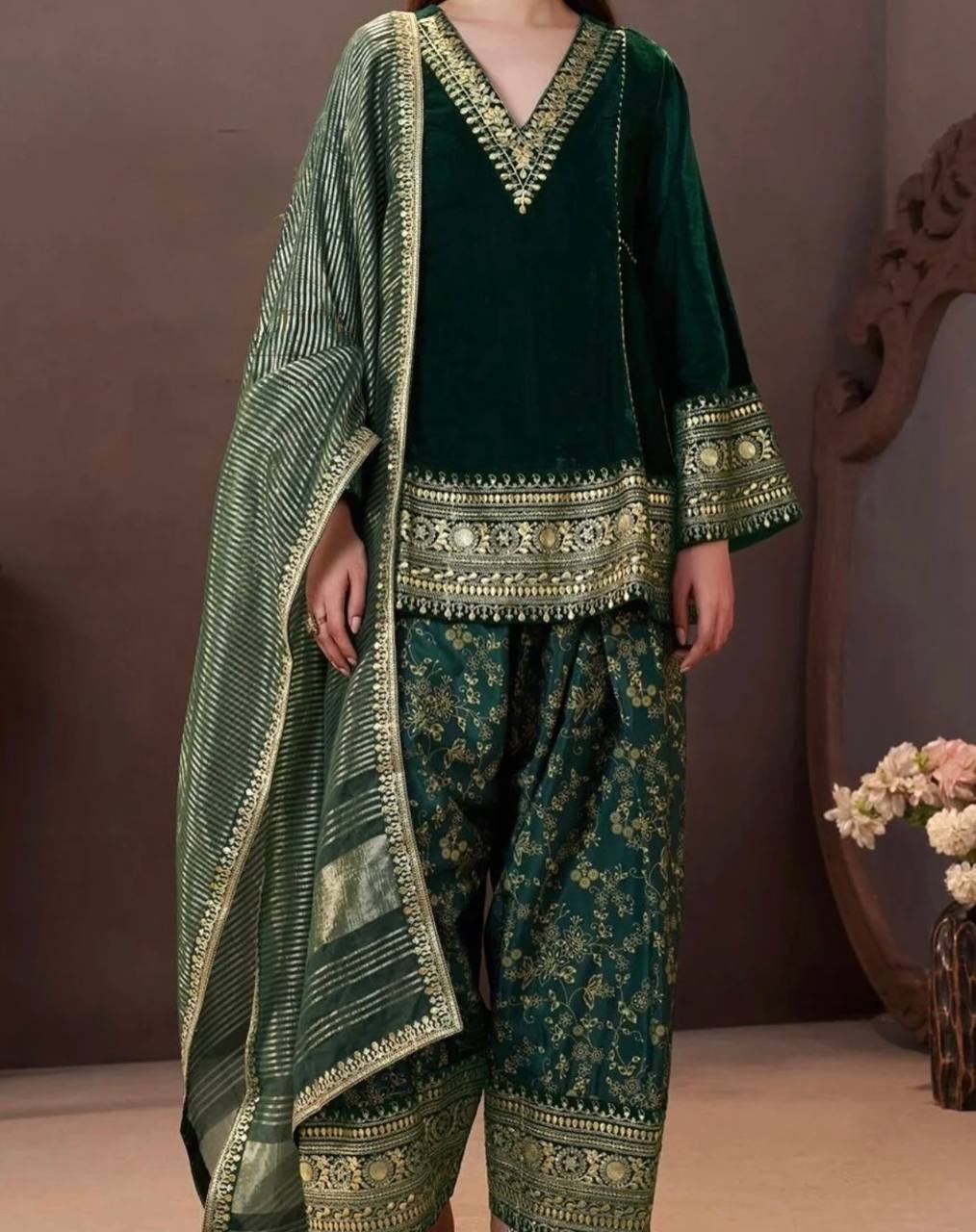 Emerald Green Velvet Punjabi Suit with Heavy Golden Embroidery, Matching Pants & Dupatta