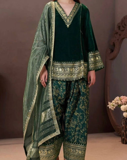 Emerald Green Velvet Punjabi Suit with Heavy Golden Embroidery, Matching Pants & Dupatta
