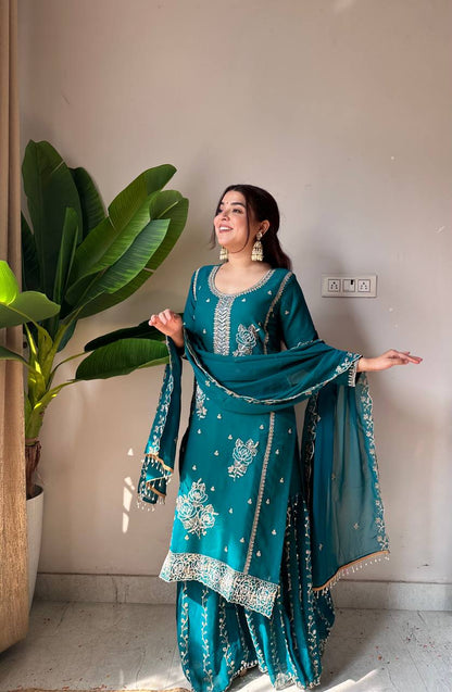 Teal Green Embroidered Georgette Kurti Gharara Set with Dupatta