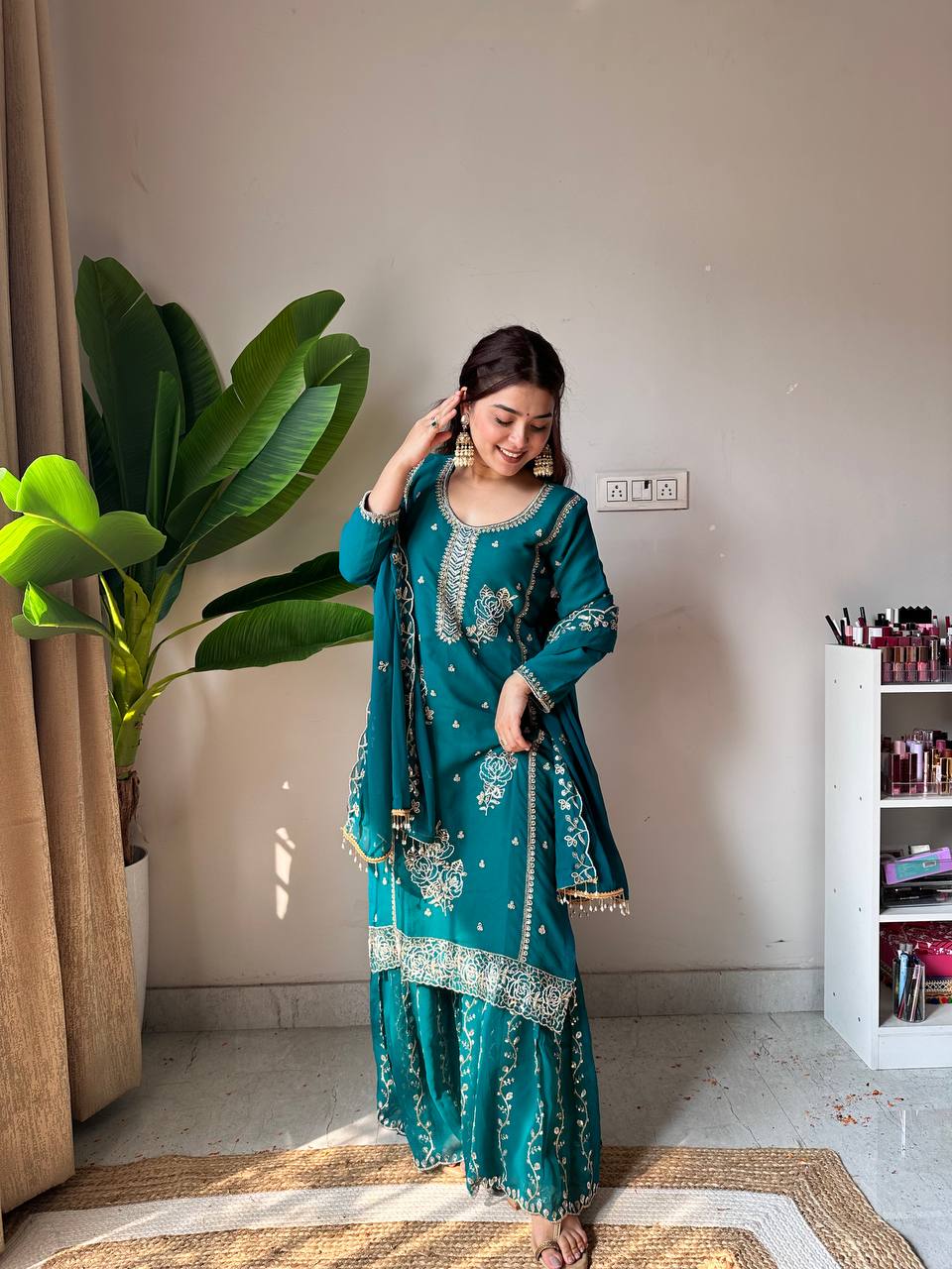 Teal Green Embroidered Georgette Kurti Gharara Set with Dupatta