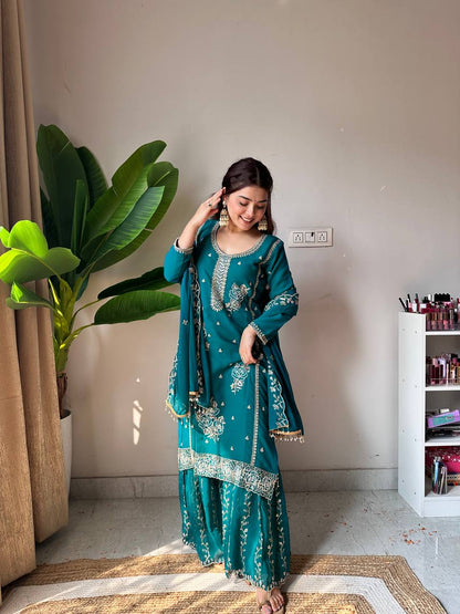 Teal Green Embroidered Georgette Kurti Gharara Set with Dupatta