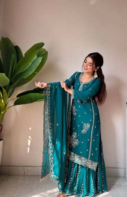 Teal Green Embroidered Georgette Kurti Gharara Set with Dupatta