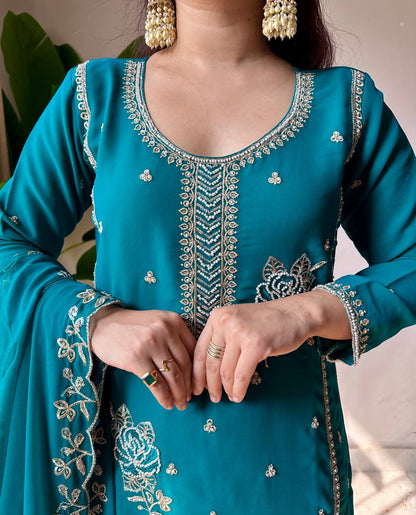 Teal Green Embroidered Georgette Kurti Gharara Set with Dupatta
