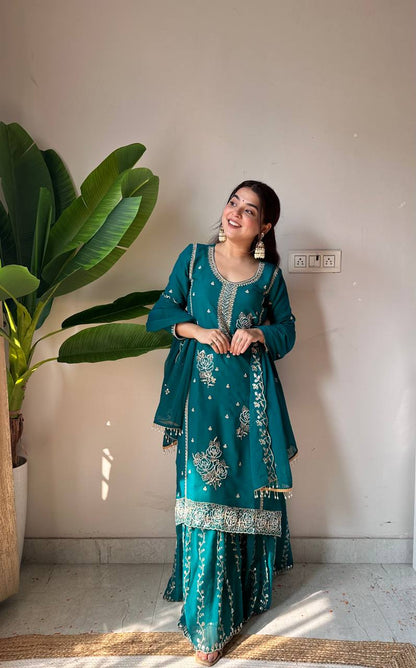 Teal Green Embroidered Georgette Kurti Gharara Set with Dupatta