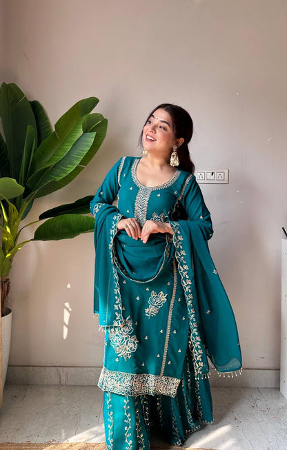 Teal Green Embroidered Georgette Kurti Gharara Set with Dupatta