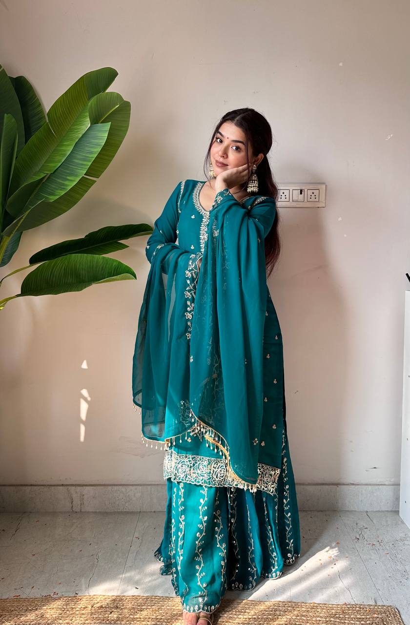 Teal Green Embroidered Georgette Kurti Gharara Set with Dupatta