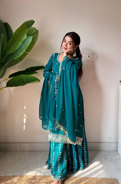 Teal Green Embroidered Georgette Kurti Gharara Set with Dupatta