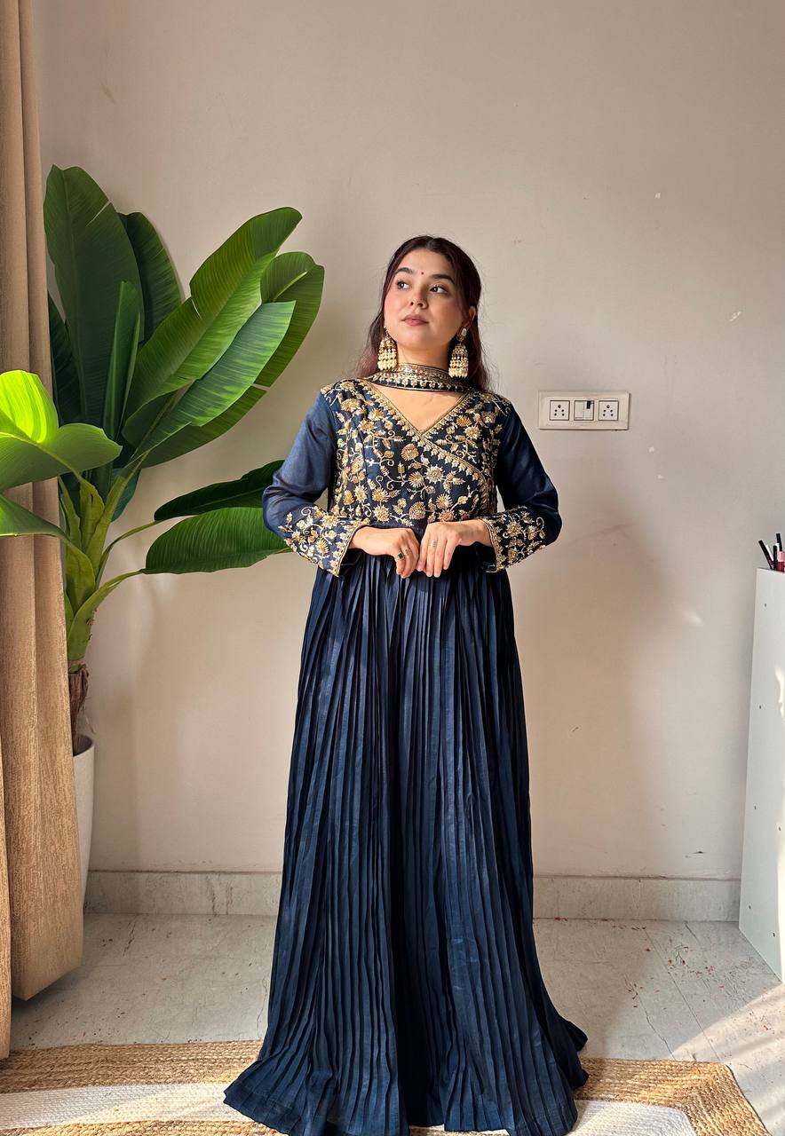 Navy Blue Vichitra Silk floor-length Anarkali with beads and sequence embroidery