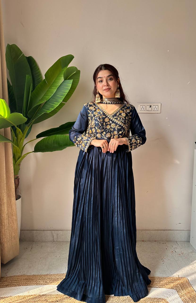 Navy Blue Vichitra Silk floor-length Anarkali with beads and sequence embroidery