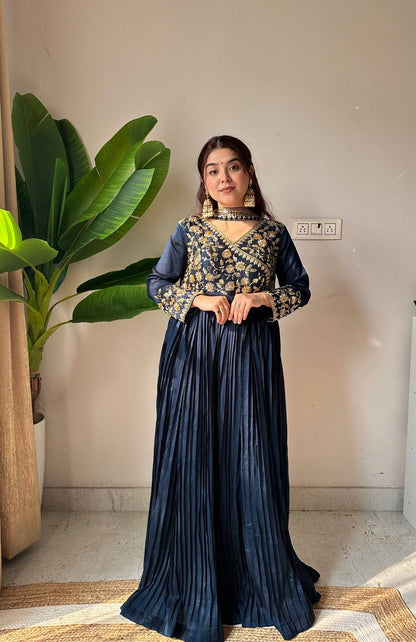 Navy Blue Vichitra Silk floor-length Anarkali with beads and sequence embroidery