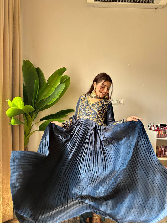Navy Blue Vichitra Silk floor-length Anarkali with beads and sequence embroidery