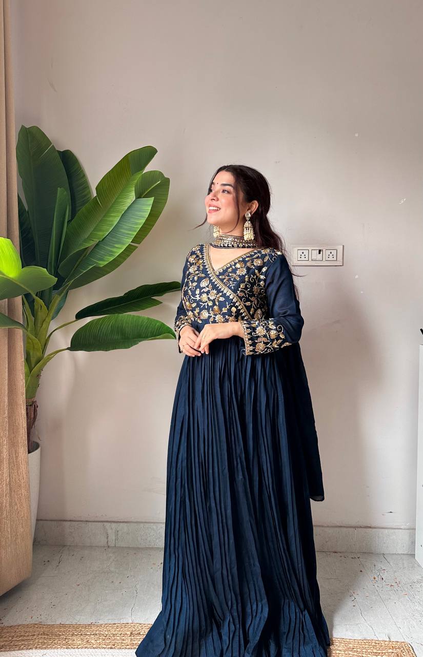 Navy Blue Vichitra Silk floor-length Anarkali with beads and sequence embroidery