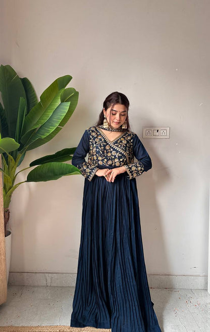 Navy Blue Vichitra Silk floor-length Anarkali with beads and sequence embroidery