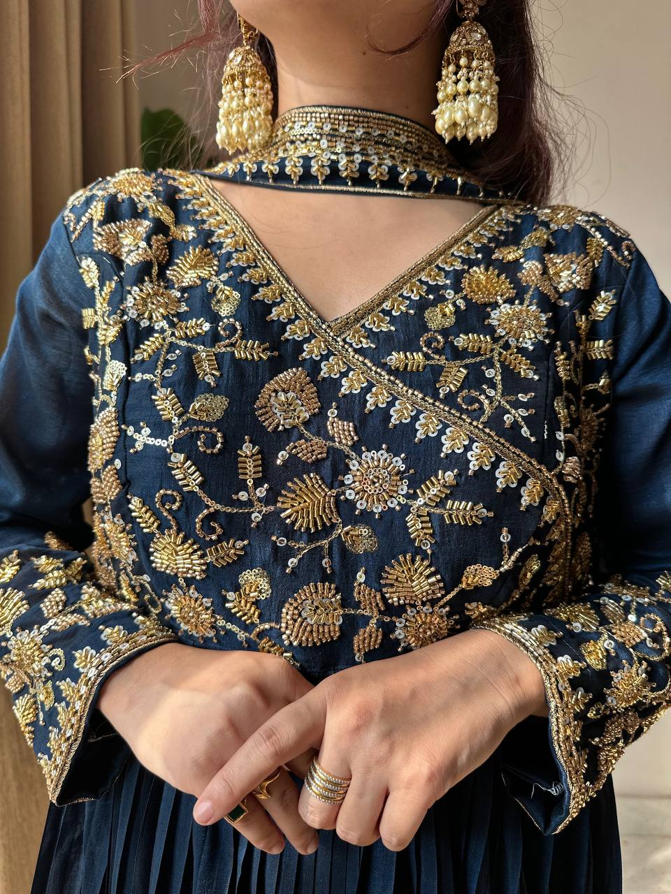 Navy Blue Vichitra Silk floor-length Anarkali with beads and sequence embroidery