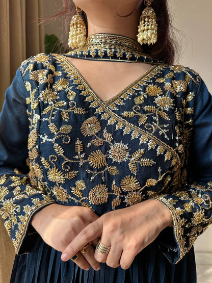Navy Blue Vichitra Silk floor-length Anarkali with beads and sequence embroidery