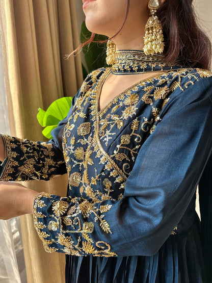 Navy Blue Vichitra Silk floor-length Anarkali with beads and sequence embroidery
