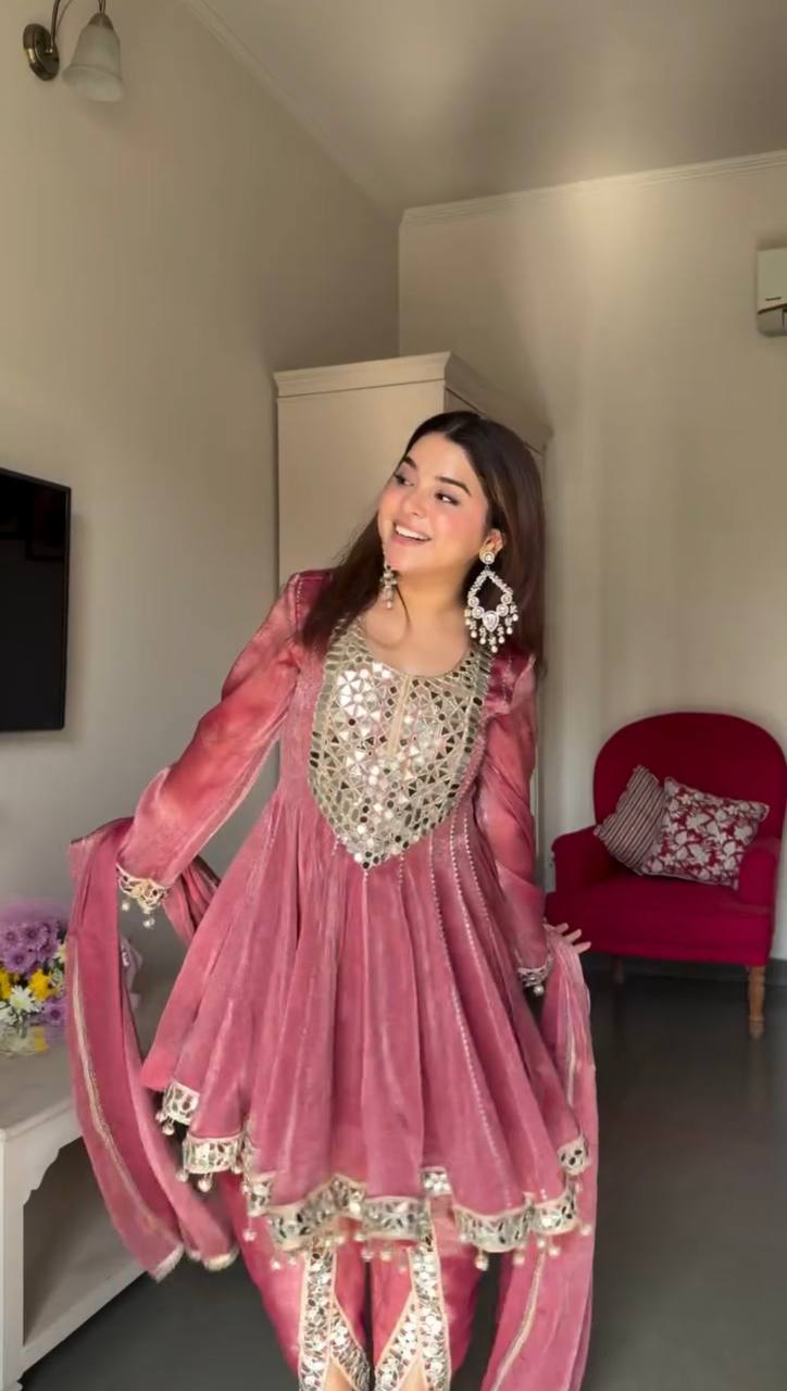 Dusty Rose Gold Crush Dhoti Suit Set with Mirror Work Dupatta
