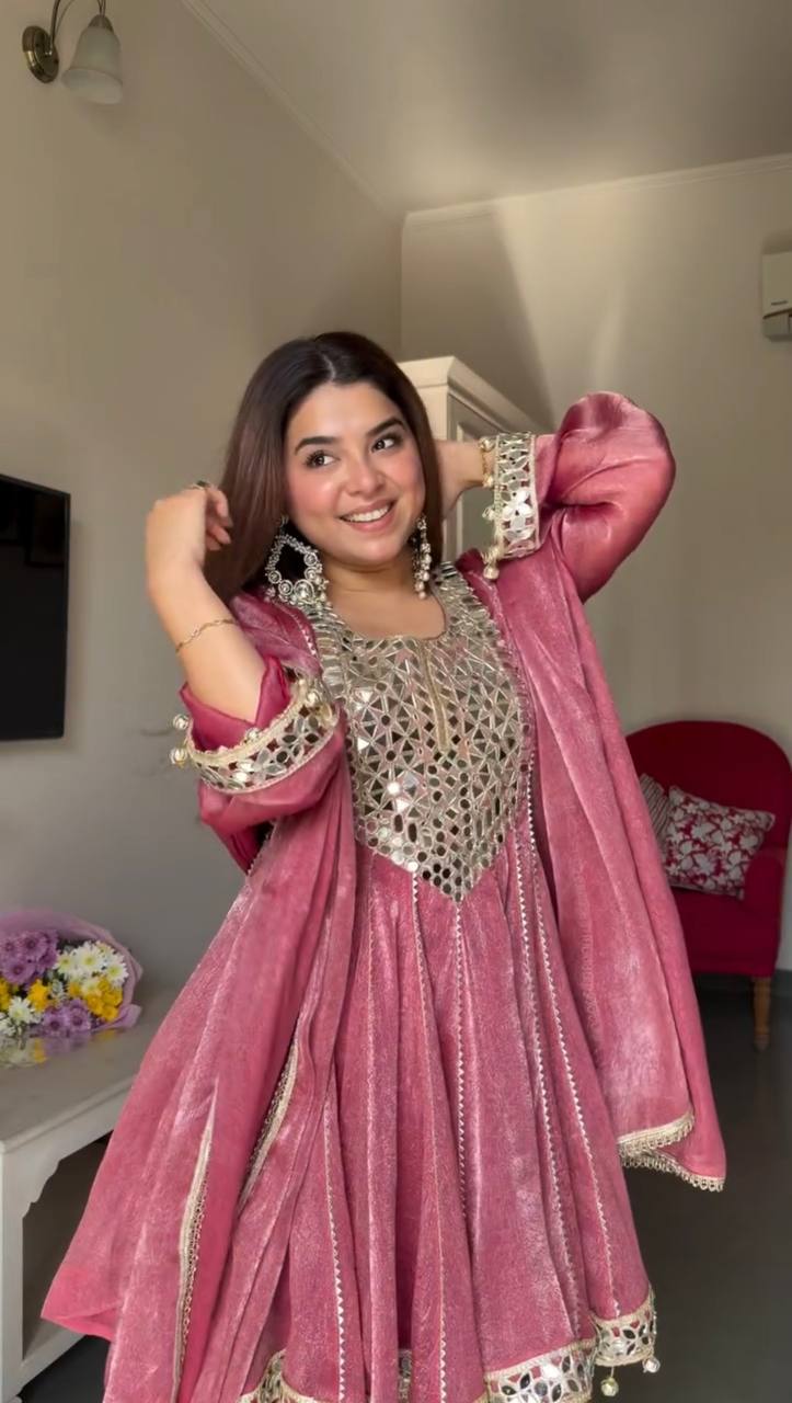Dusty Rose Gold Crush Dhoti Suit Set with Mirror Work Dupatta