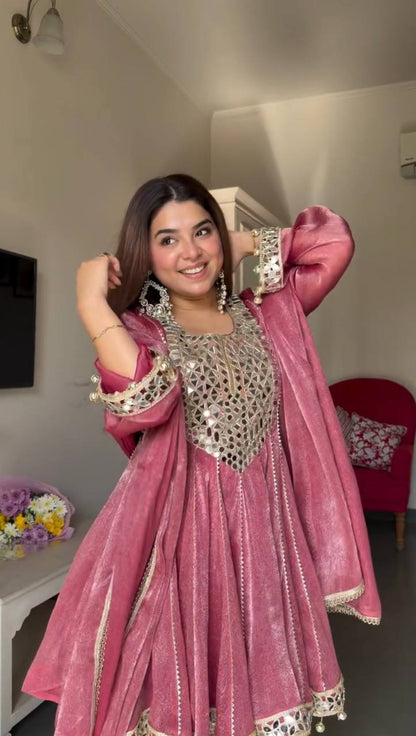 Dusty Rose Gold Crush Dhoti Suit Set with Mirror Work Dupatta