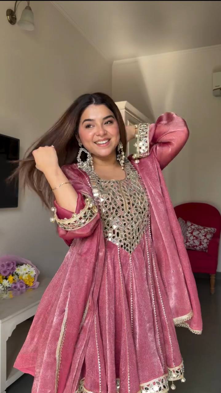 Dusty Rose Gold Crush Dhoti Suit Set with Mirror Work Dupatta