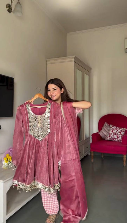 Dusty Rose Gold Crush Dhoti Suit Set with Mirror Work Dupatta