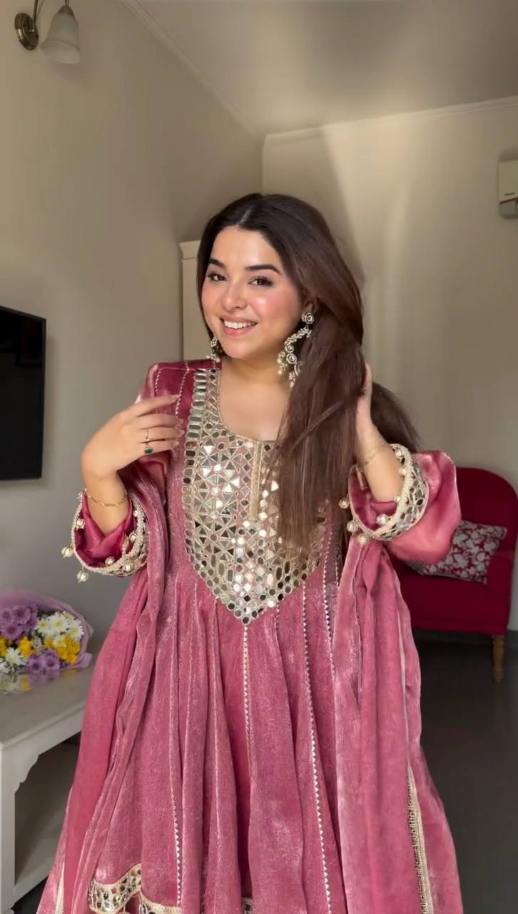 Dusty Rose Gold Crush Dhoti Suit Set with Mirror Work Dupatta