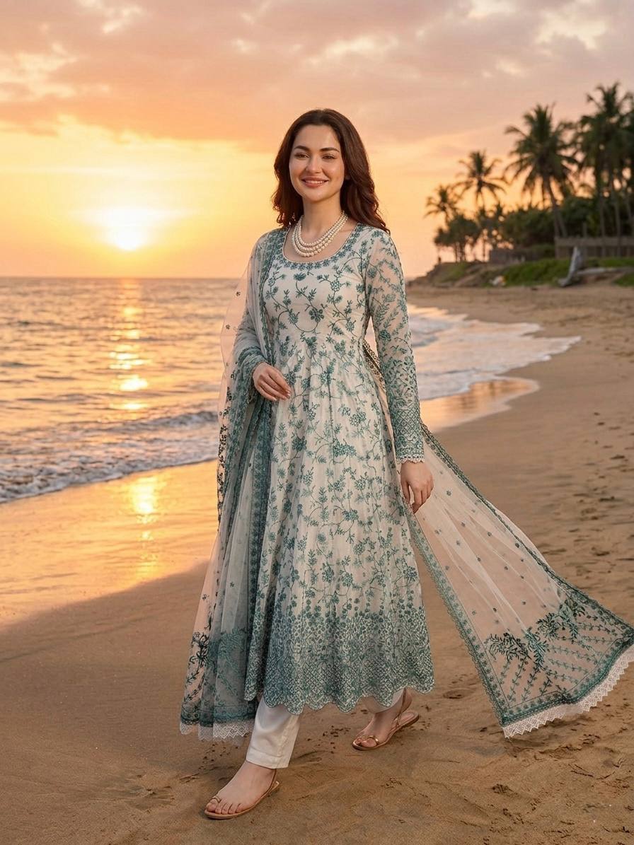 Hania Aamir Inspired Elegant White & Blue Floral Anarkali Gown with Dupatta