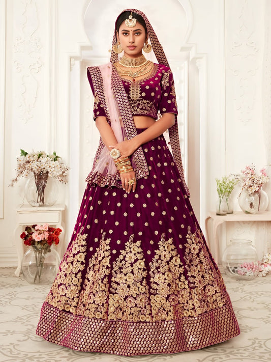 Wine Purple Velvet Embroidered Bridal Lehenga Choli with Net Dupatta